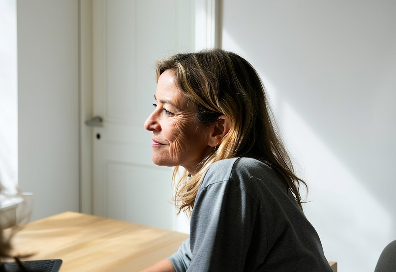 Vrouw zit aan een tafel bij het raam en kijkt voor zich uit.